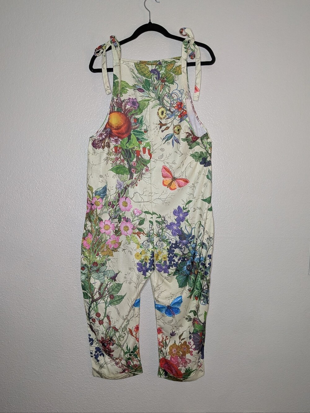 Cream Floral Naturecore Whimsical Butterfly Tie Shoulder Jumpsuit Overalls S